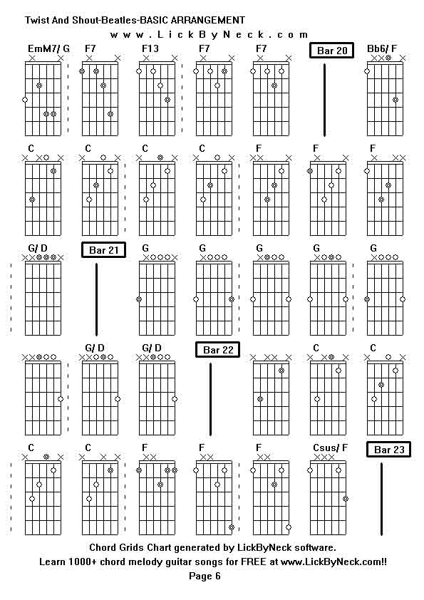 Chord Grids Chart of chord melody fingerstyle guitar song-Twist And Shout-Beatles-BASIC ARRANGEMENT,generated by LickByNeck software.